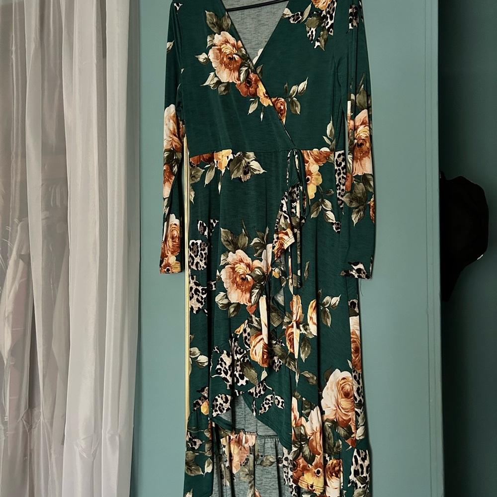 Emerald Orange and Gold Long Sleeve V-Neck Sundress